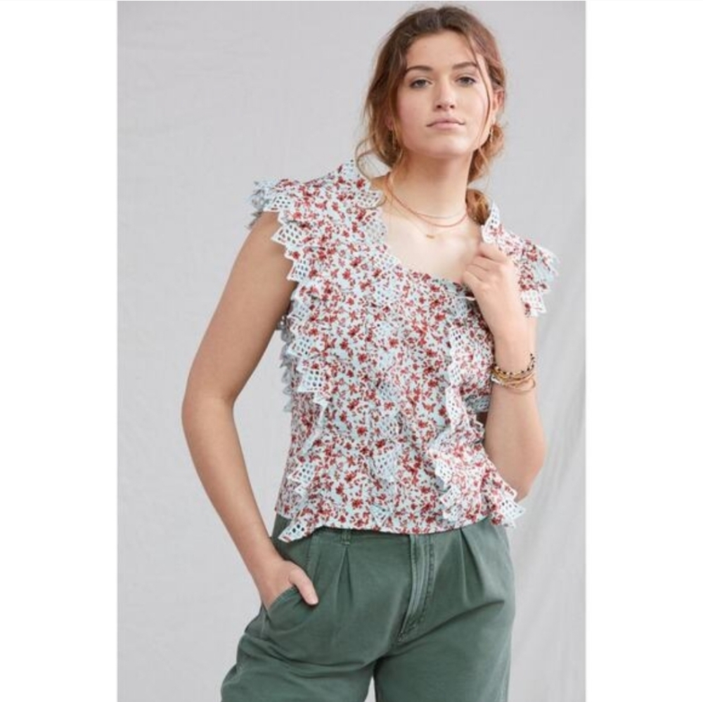 ANTHROPOLOGIE BLUE TASSEL TRINA FLORAL EYELET LACE RUFFLE BLOUSE